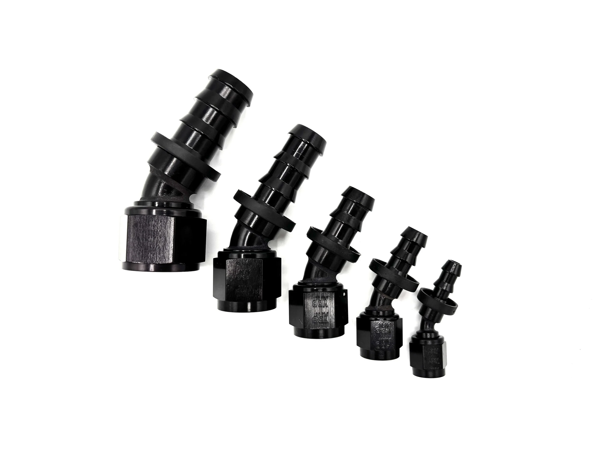 Five 30 Deg. Push Lock Hose End to AN Female fittings black. The bends are going towards the right. They are arranged in a line from largest to smallest.