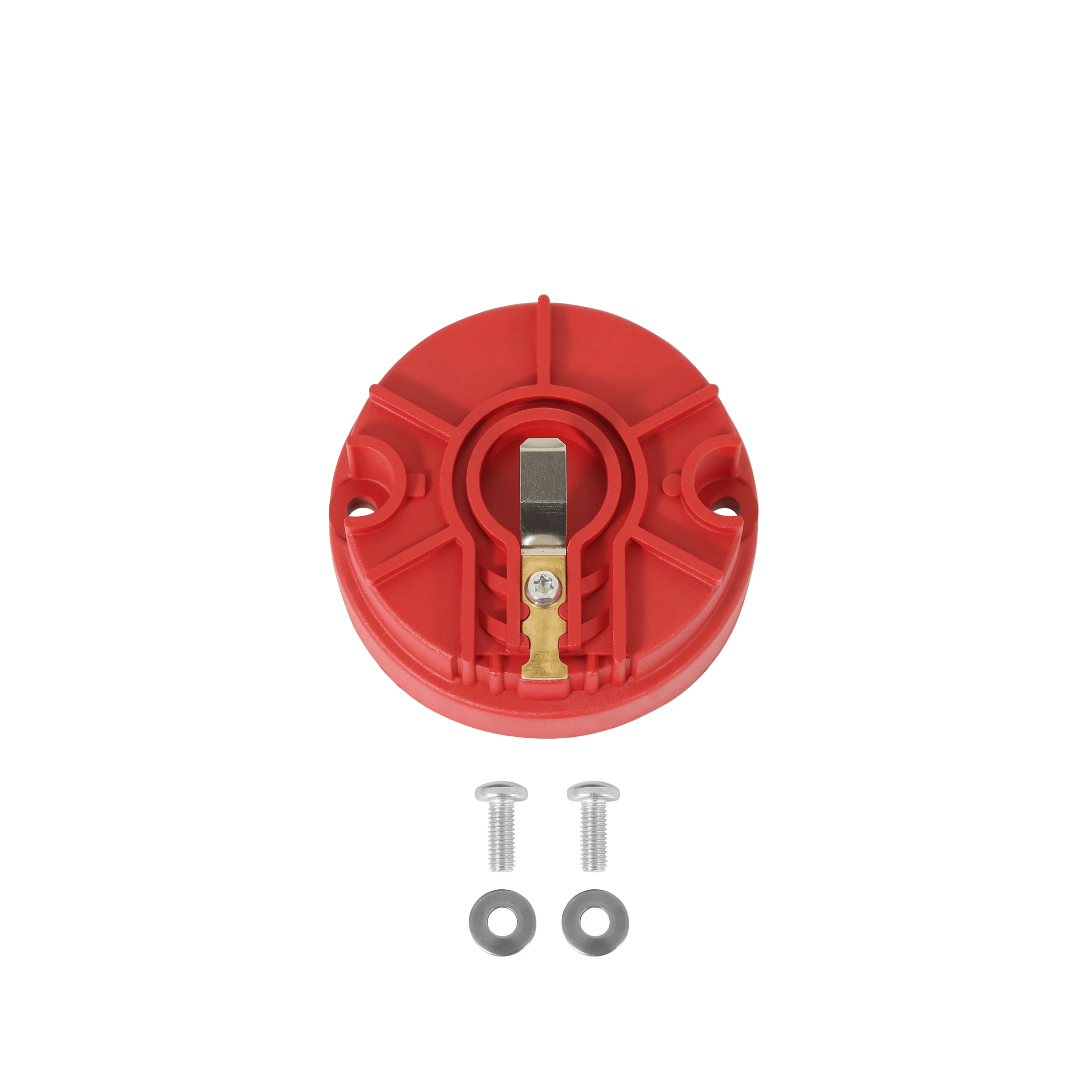 MSD GM rotor “E“. Red in color. Has gold color contact point. Has two silver color bolts and 2 silver color washers.
