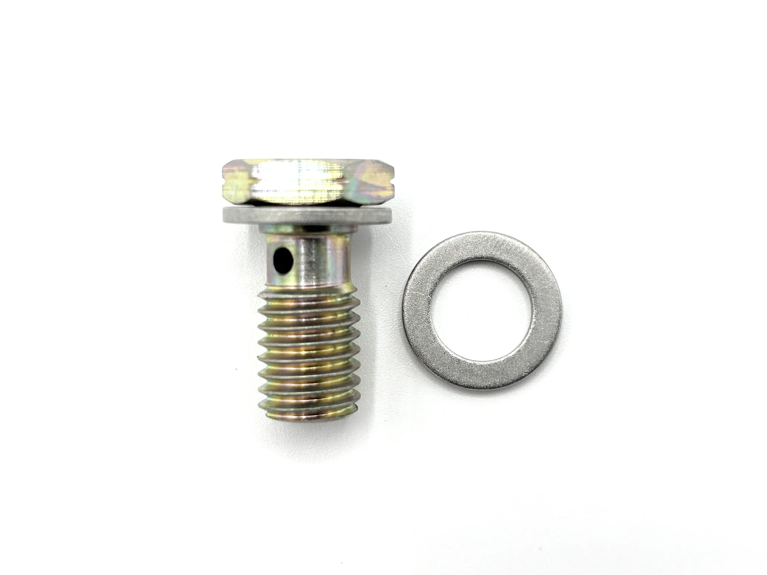 XRP short M10 × 1.5 steel banjo bolt. Silver in color. Has washer next to it.