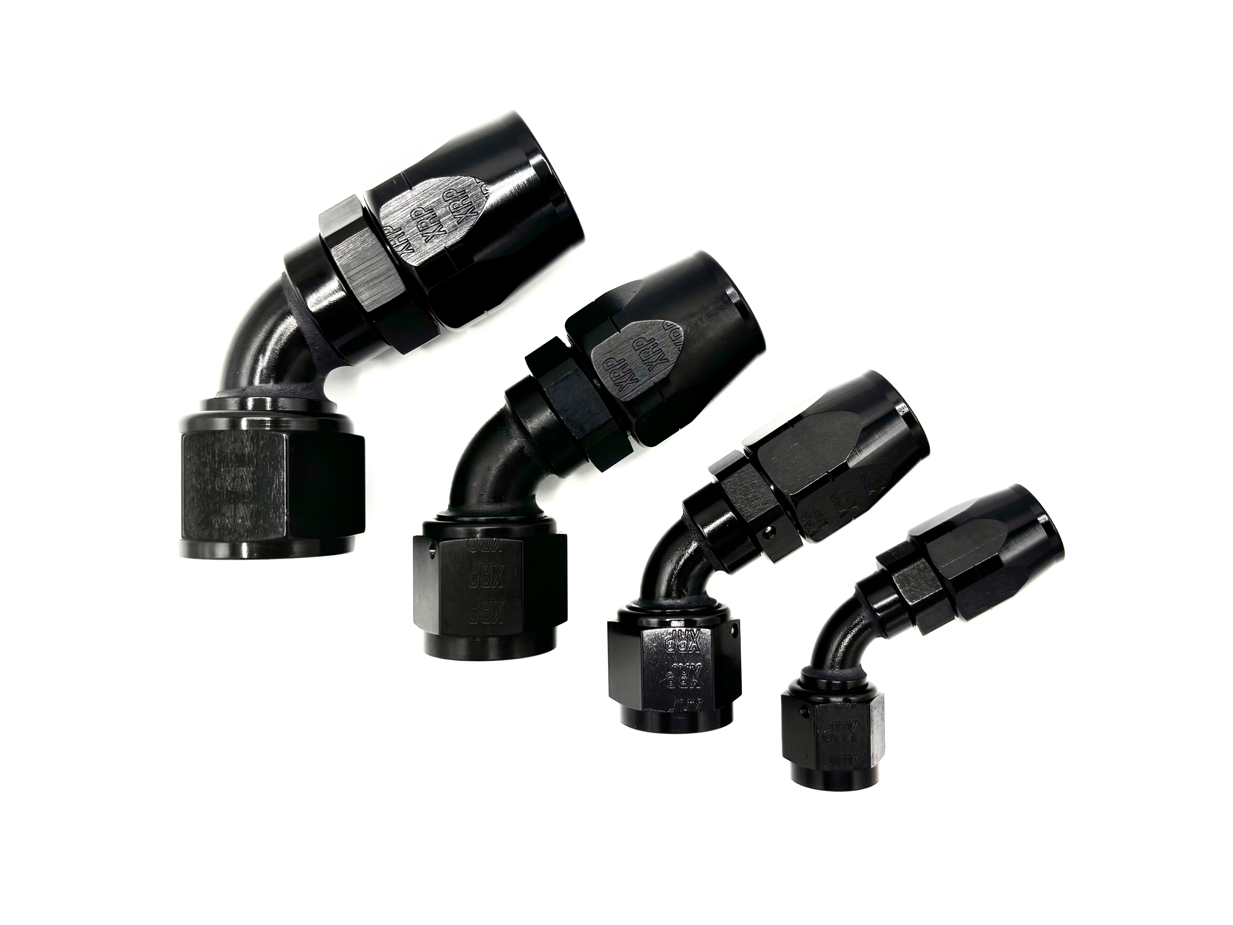 Four 60 Deg. Swivel Hose End to AN Female fittings black. The bends are going towards the right. They are arranged in a line from largest to smallest.