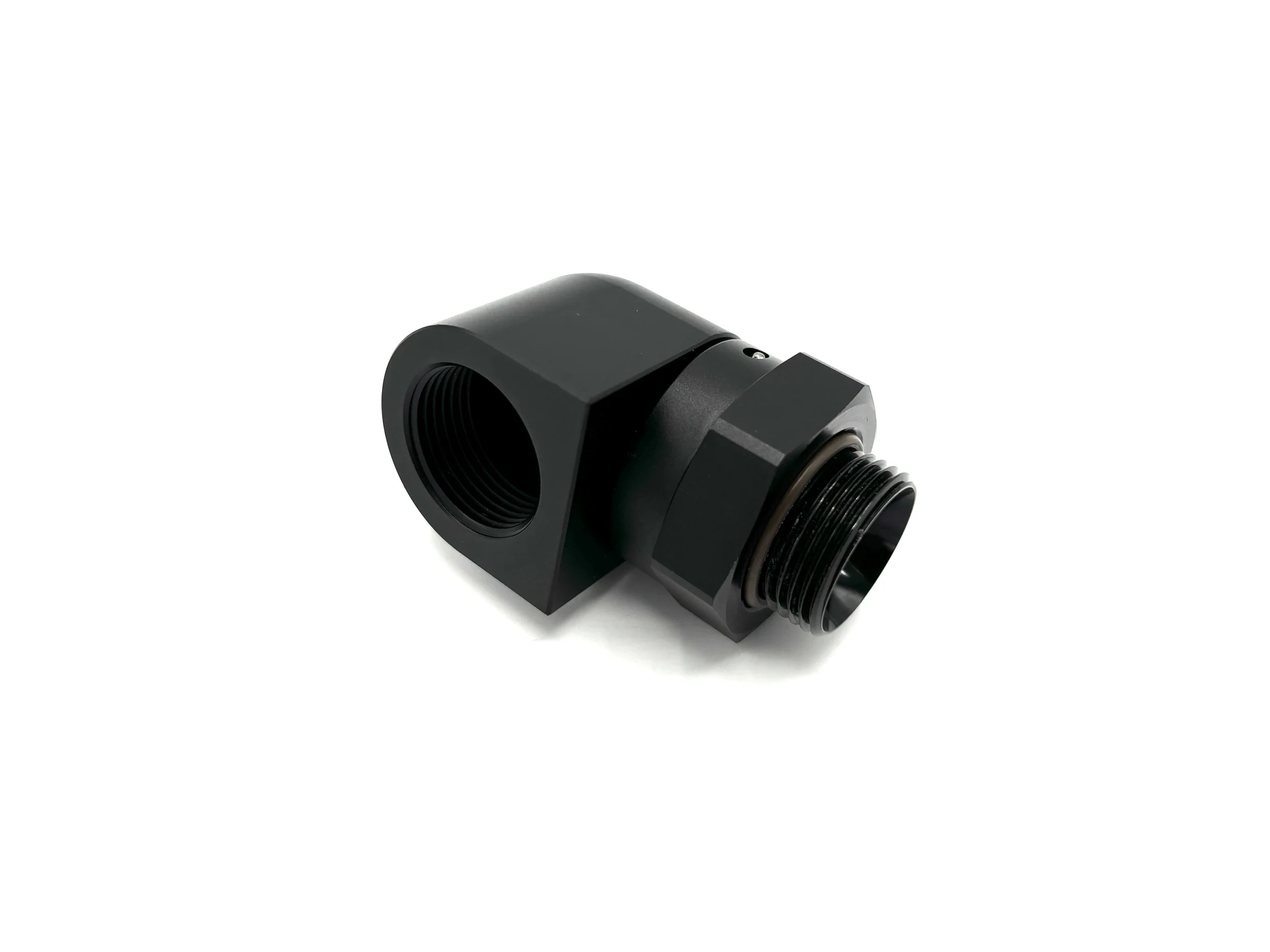 Setrab ProLine Port Adapter. Side View, is a square shape 90 degree, black. Has male M22 thread. Has Female M22 thread on other end.