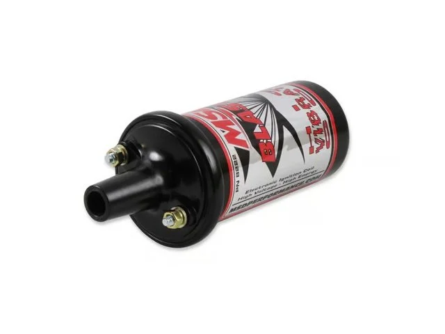 MSD ignition coil, part of the blaster series. Black in color. Has gold color nuts on silver color posts. Has red and chrome lettering.
