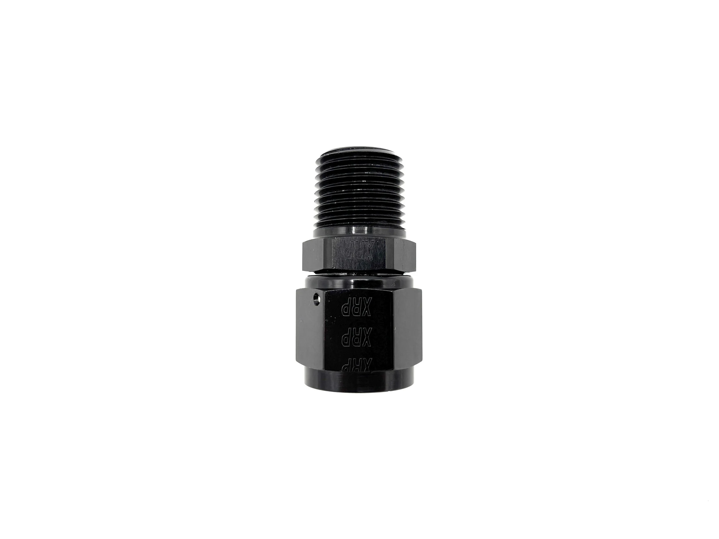 XRP straight -10AN female to 1/2NPT male adapter fitting.  Black in color.