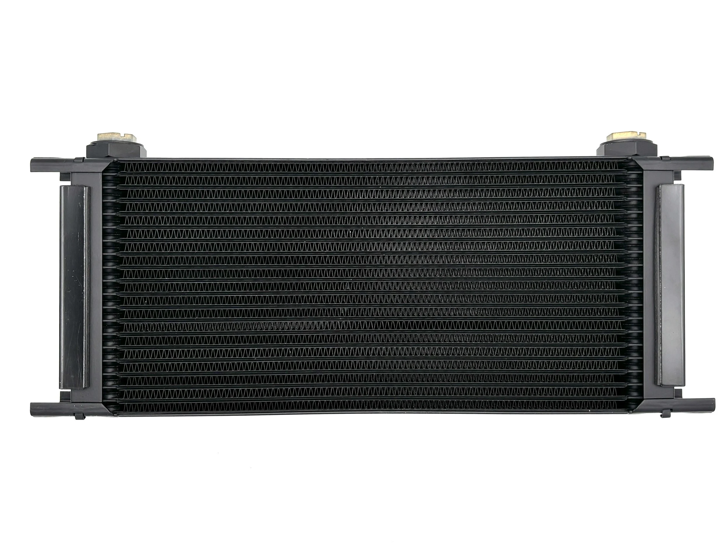 Bottom view Large Black Oil cooler with fins in the middle and two fan with a shroud.