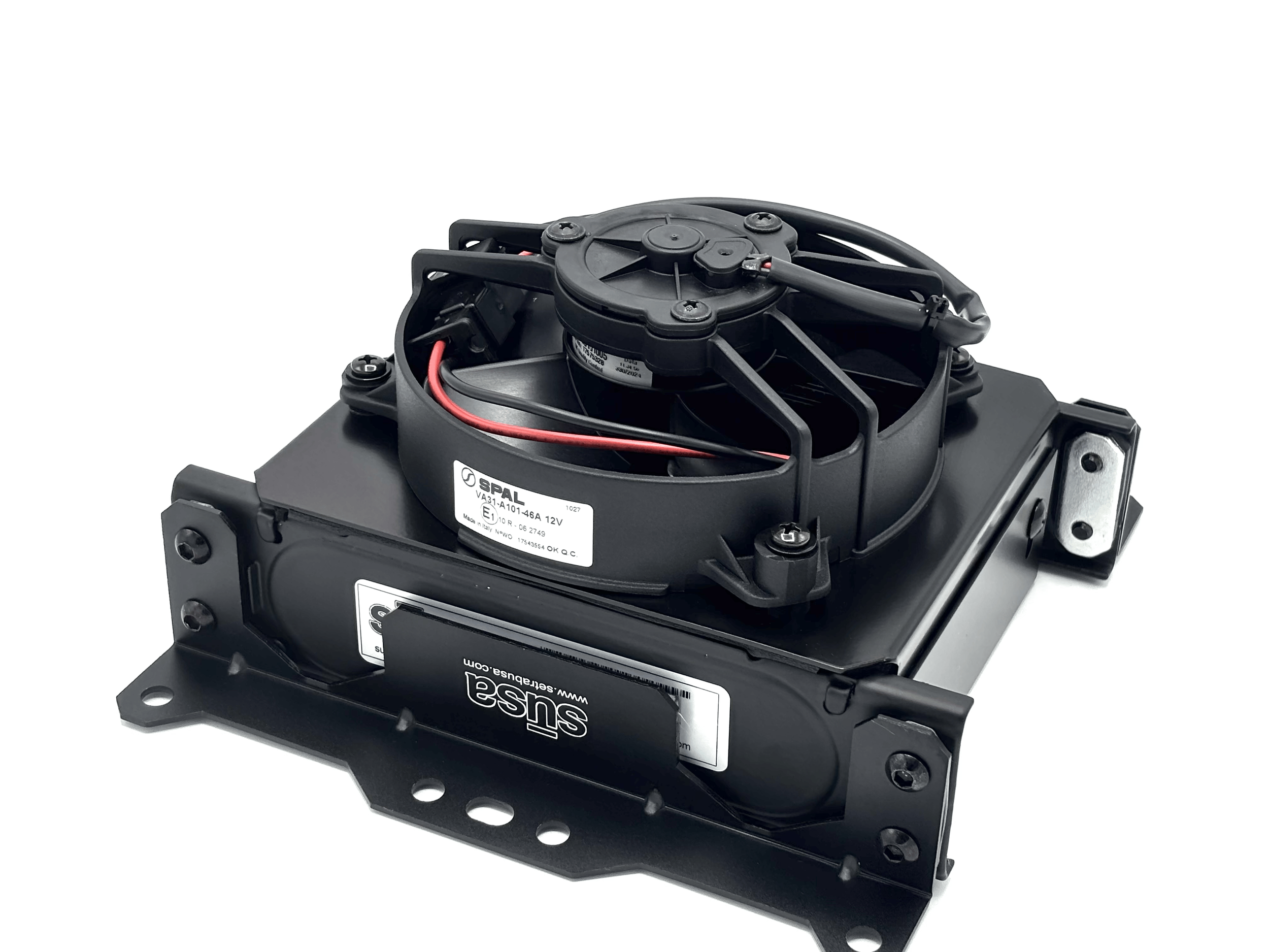 Setrab Cooler Mounting Bracket Kit installed on a oil cooler. Side view.