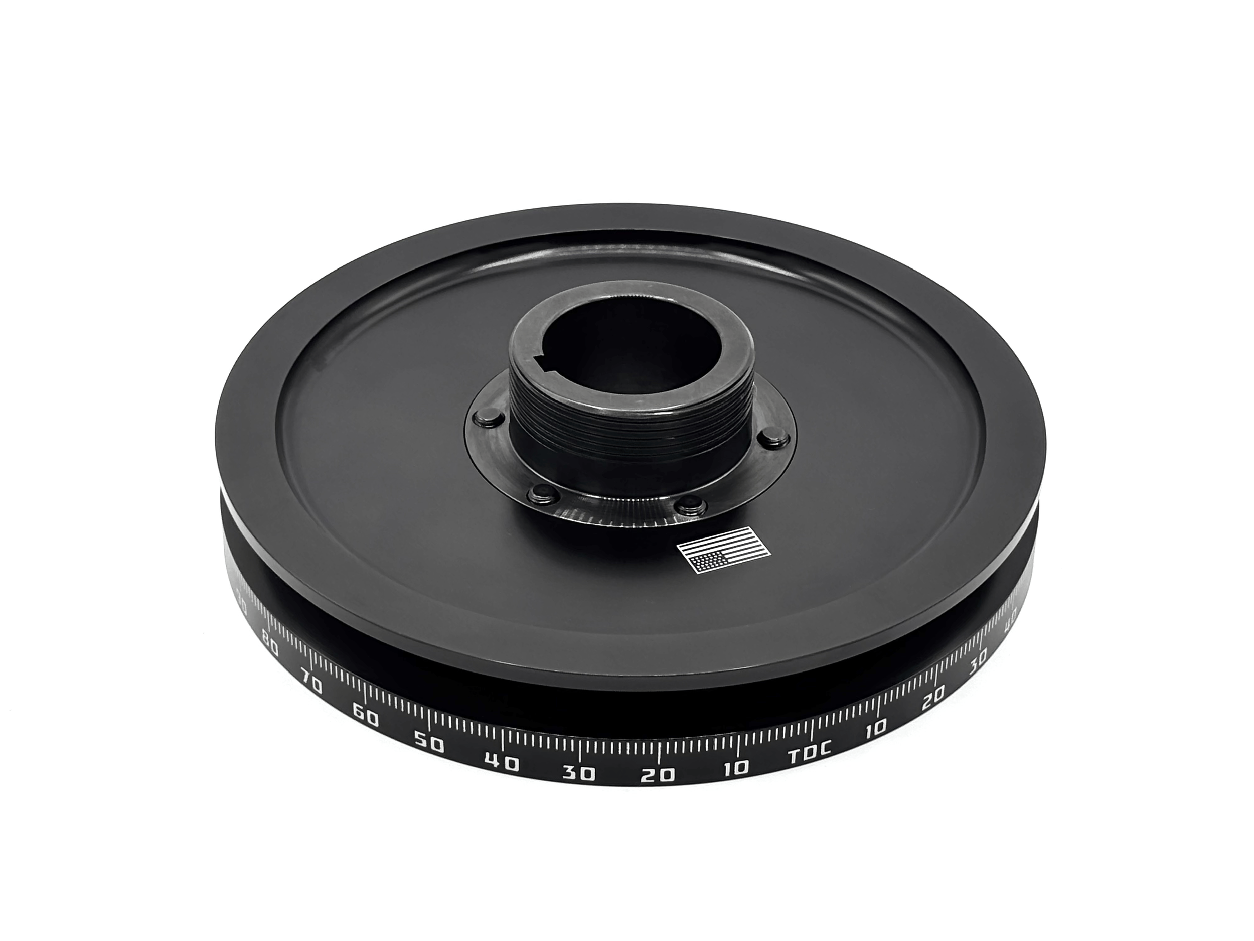 F2 Pulley laying down with bolt heads pointing down. Timing marks along the edge of the pulley with an f2 logo at TDC.