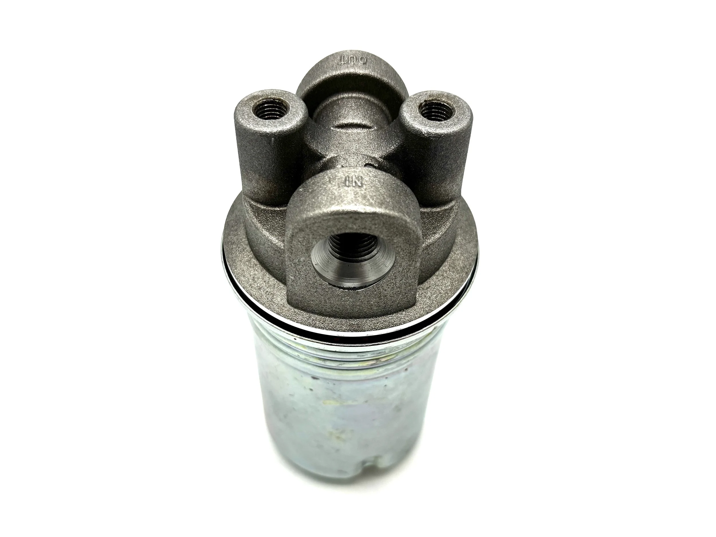 ACDelco Fuel Filter with the canister on. Side view of the fuel filter. Exposed metal look.
