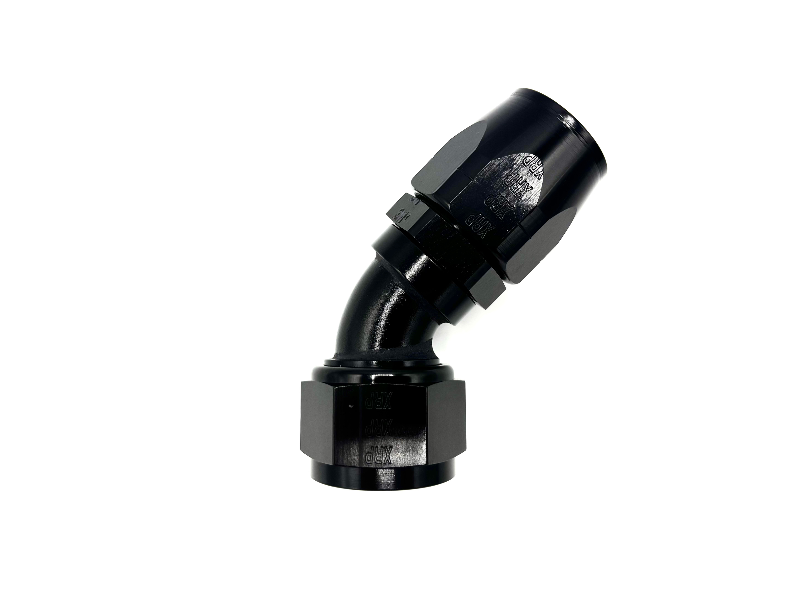 45 Deg. Swivel Hose End to AN Female fitting black. The bend is going towards the right.