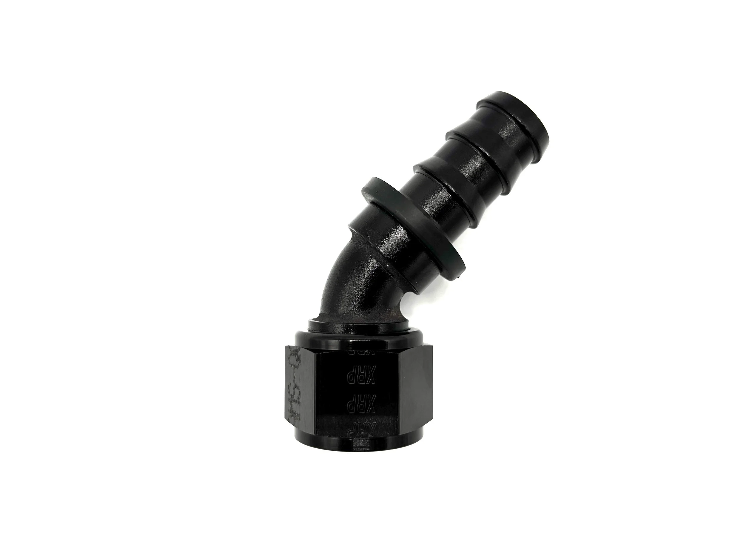 45 Deg. Push Lock Hose End to AN Female fitting black. The bend is going towards the right.