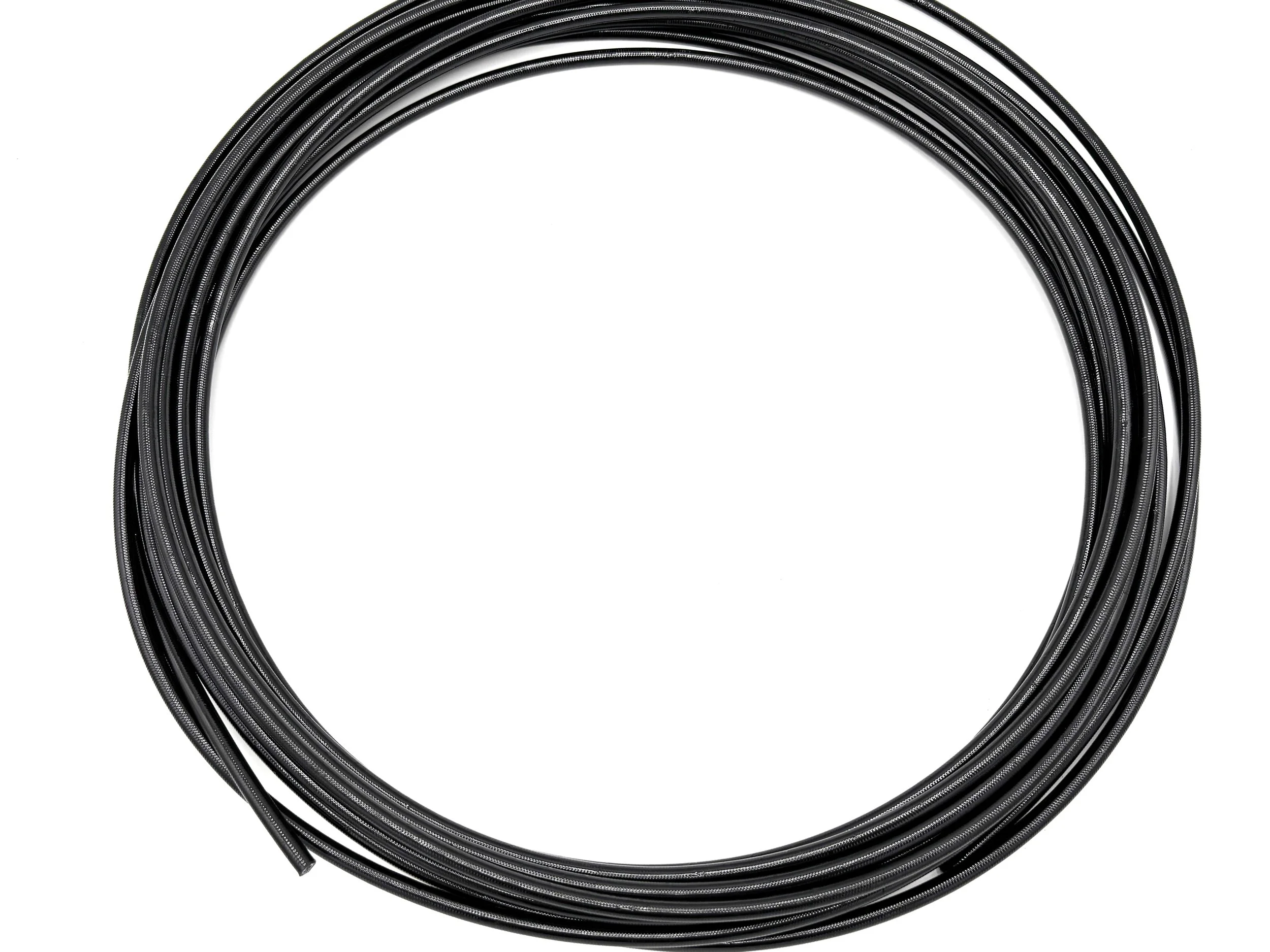 XRP stainless steel braided PTFE hose with black covering. Top view of roll.