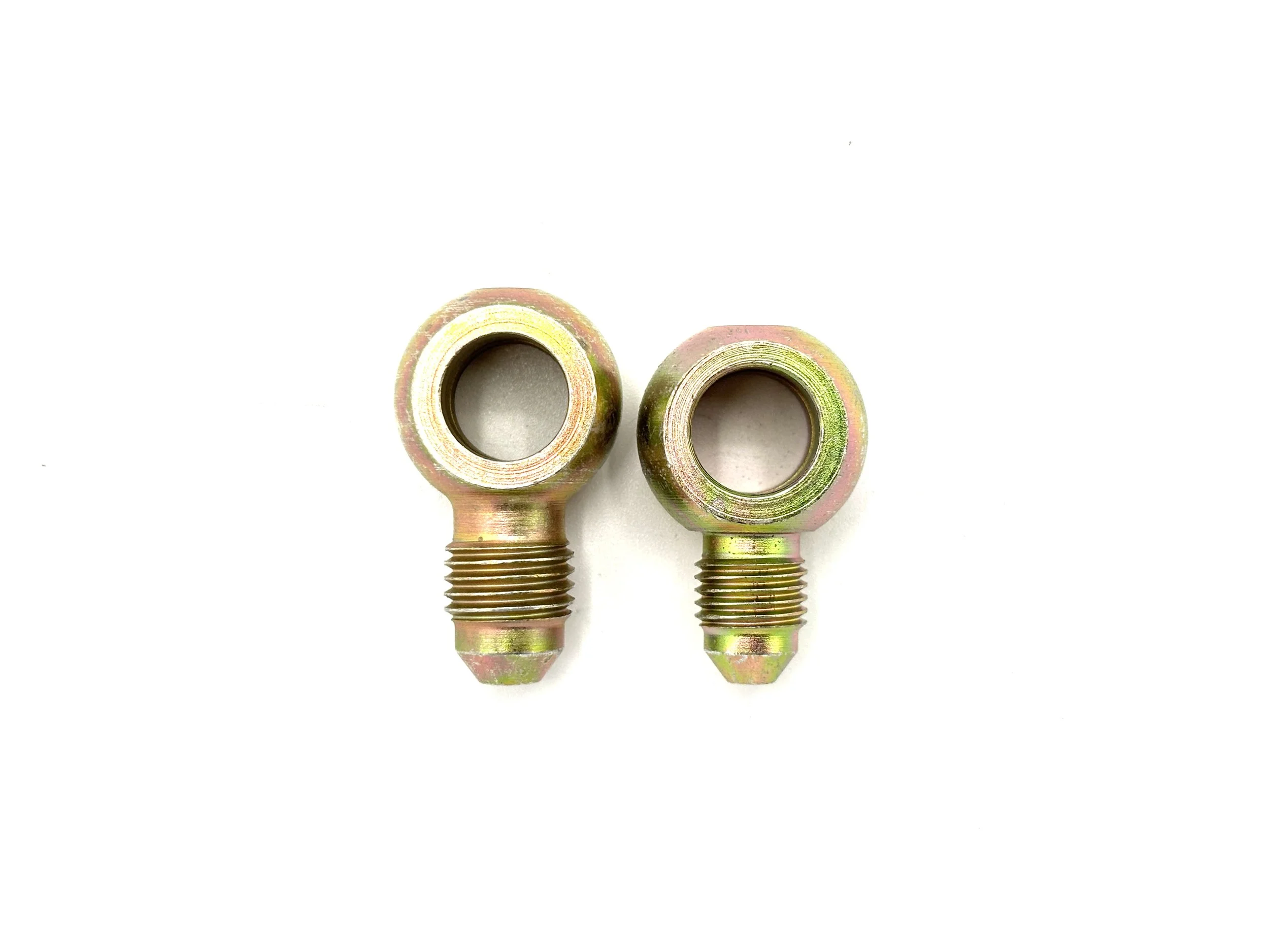 XRP AN male to steel short neck 10mm (3/8) banjo brake adapter. Gold in color. Various sizes from largest to smallest, left to right.