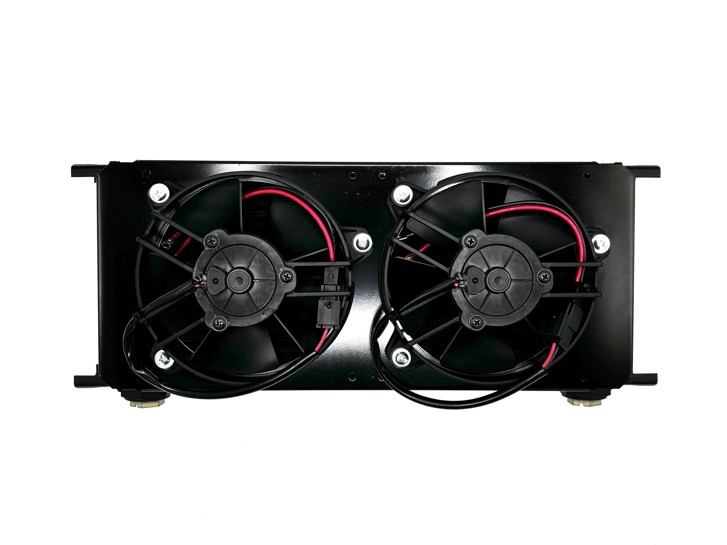 Top view Large Black Oil cooler with fins in the middle and two fan with a shroud.