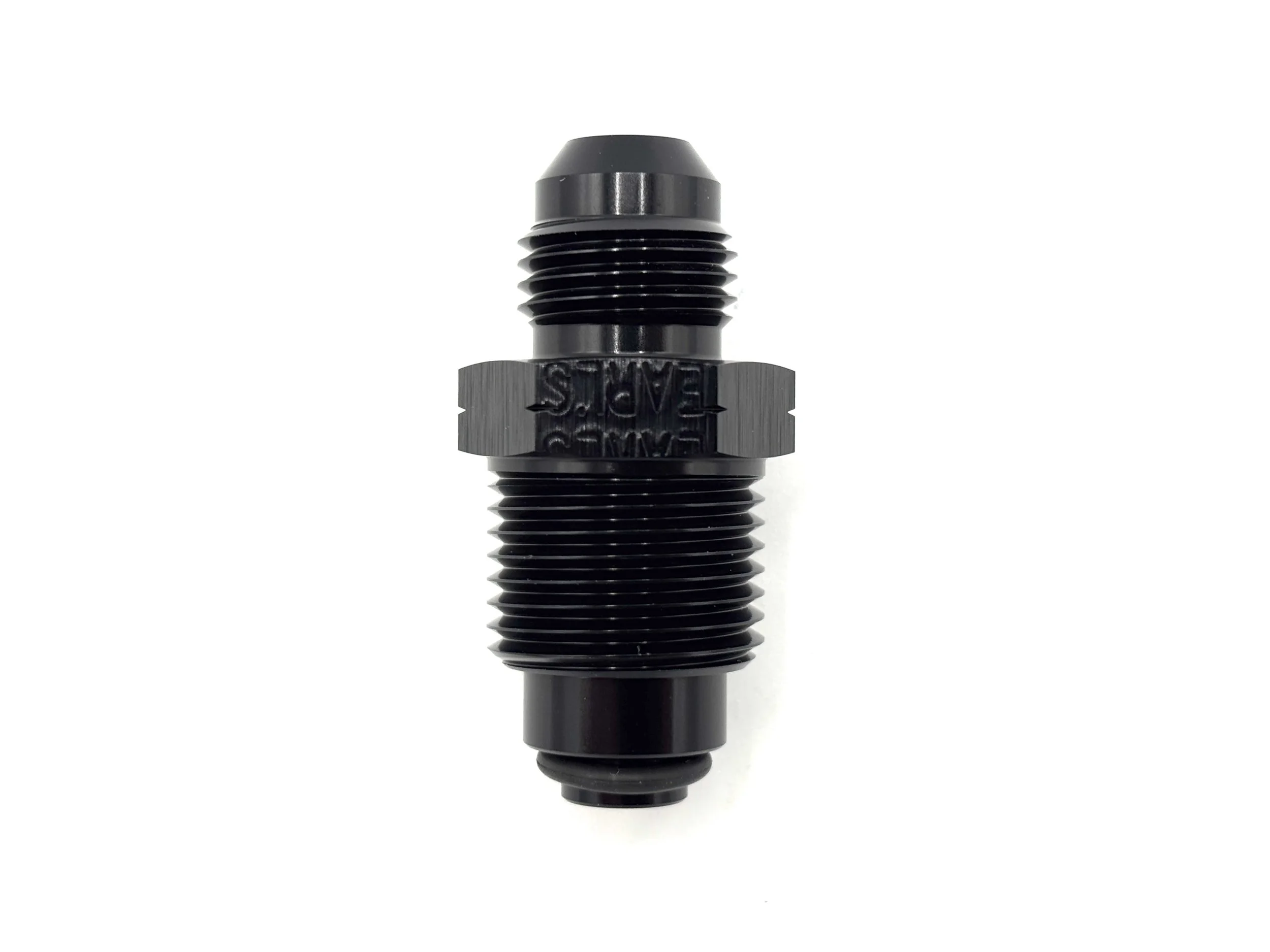 Earl’s straight -6AN to M18 × 1.5 bump tube adapter. Black in color.
