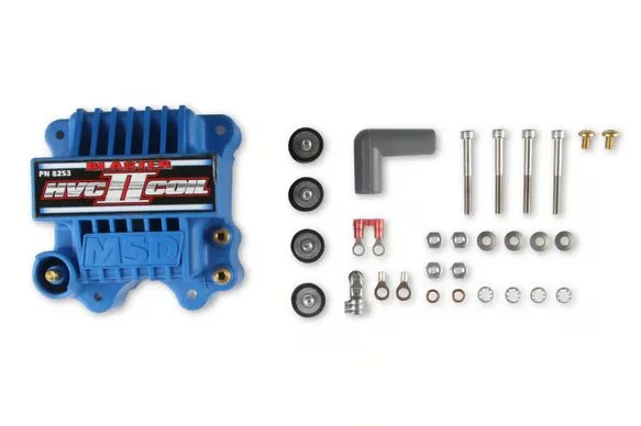 MSD HVC 2 Blaster Series Ignition Coil. Blue in color. Says HVC II Coil on the top written in silver and red. Has gold posts. All included hardware is next to it.