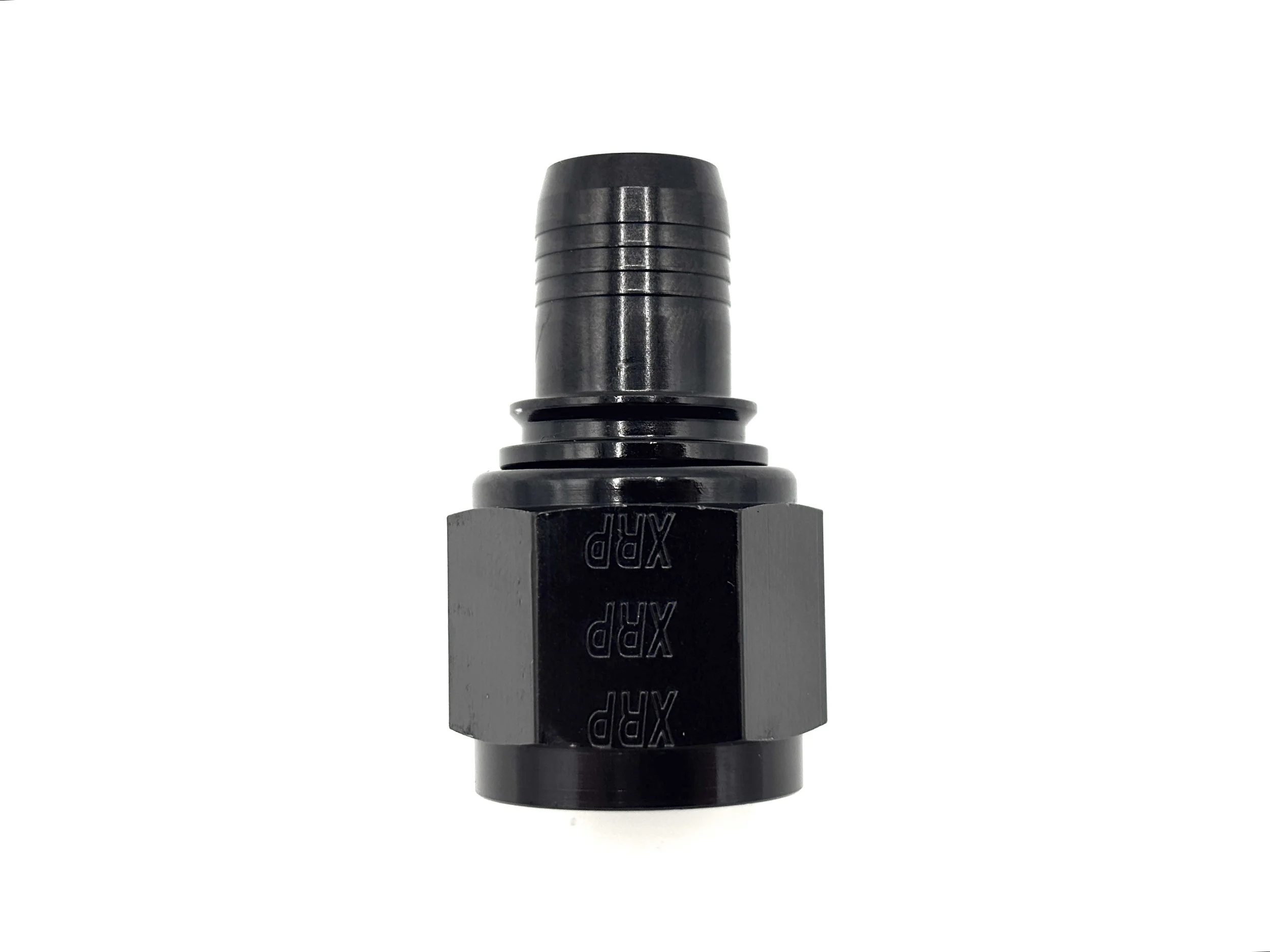 XRP straight race crimp hose end to AN female. Black in color.