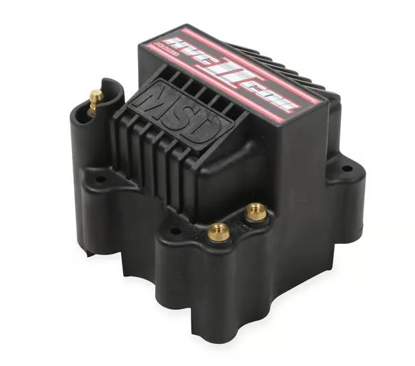 MSD HVC-2 series ignition coil. Black in color. Has gold color posts. Says MSD in black. Says HVC II Coil in red and silver on the top.