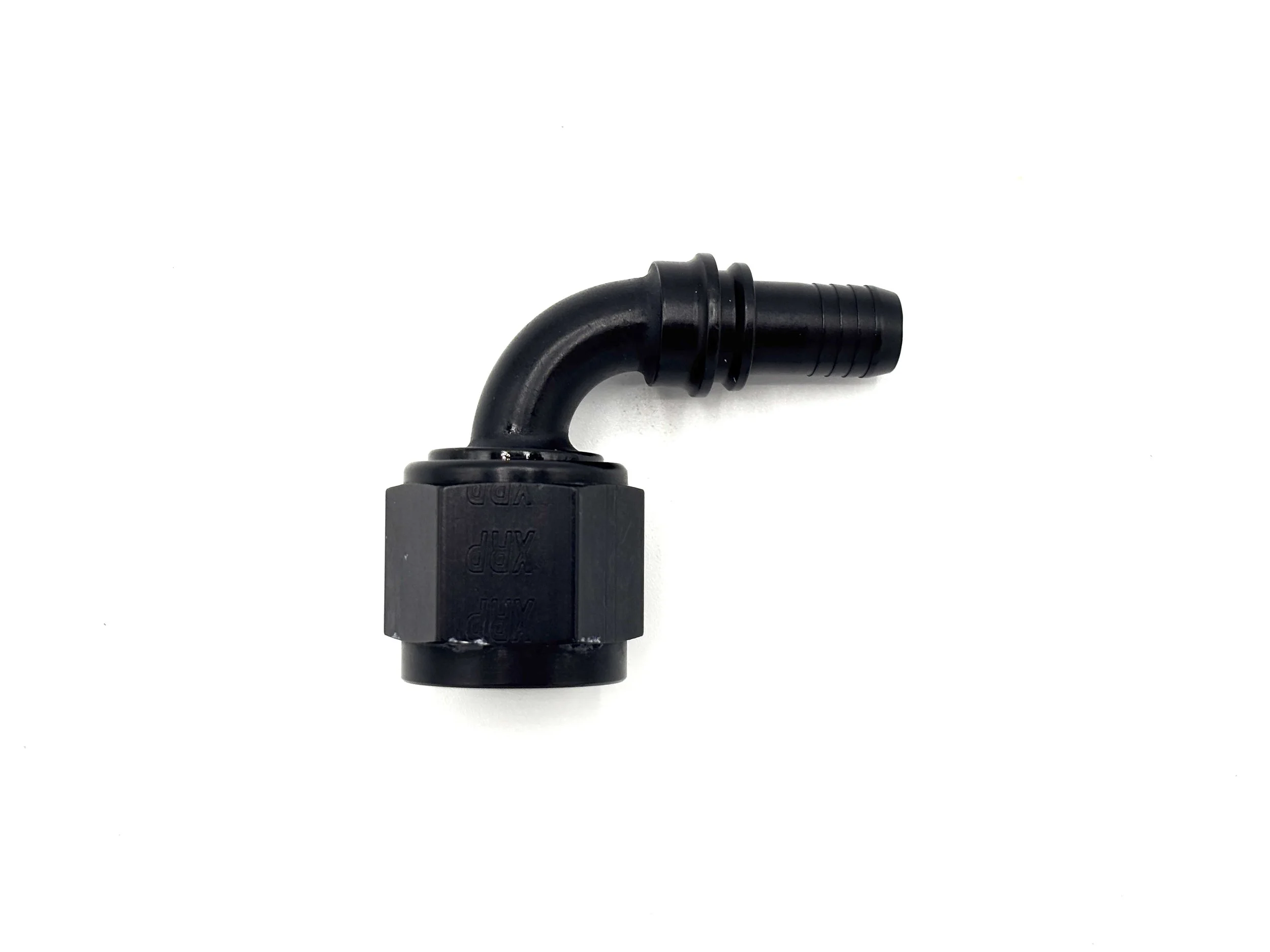 XRP 90 deg. -6AN race crimp hose end to -8AN female. Black in color.
