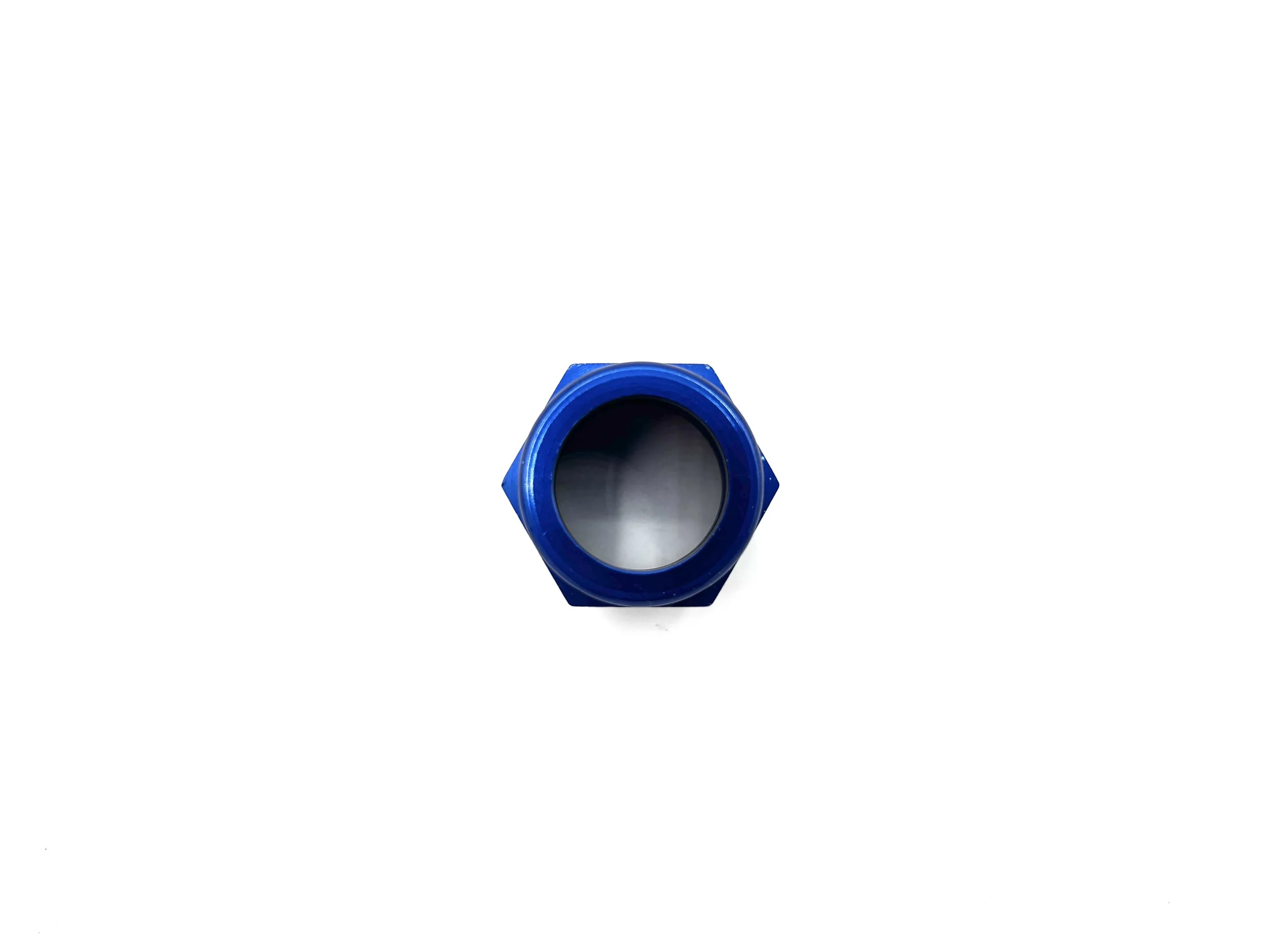 XRP blue aluminum AN female tube nut. Top view, has hole in the middle.