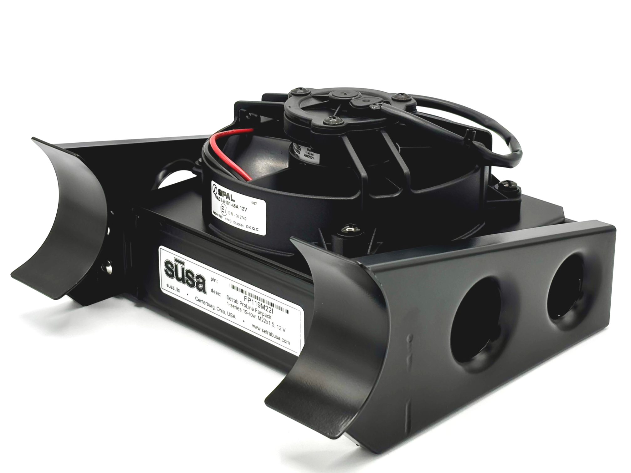 Setrab Oil Cooler with electric fan mounted on top. Has VW Bug brackets installed.