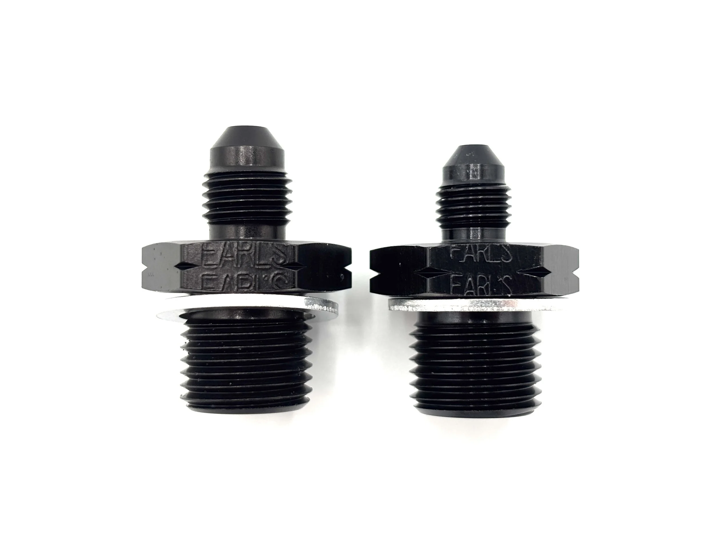 Earl's straight AN male to M16 x 1.5 male LS oil pressure gauge adapter. Black in color. Various sizes from largest to smallest, left to right.
