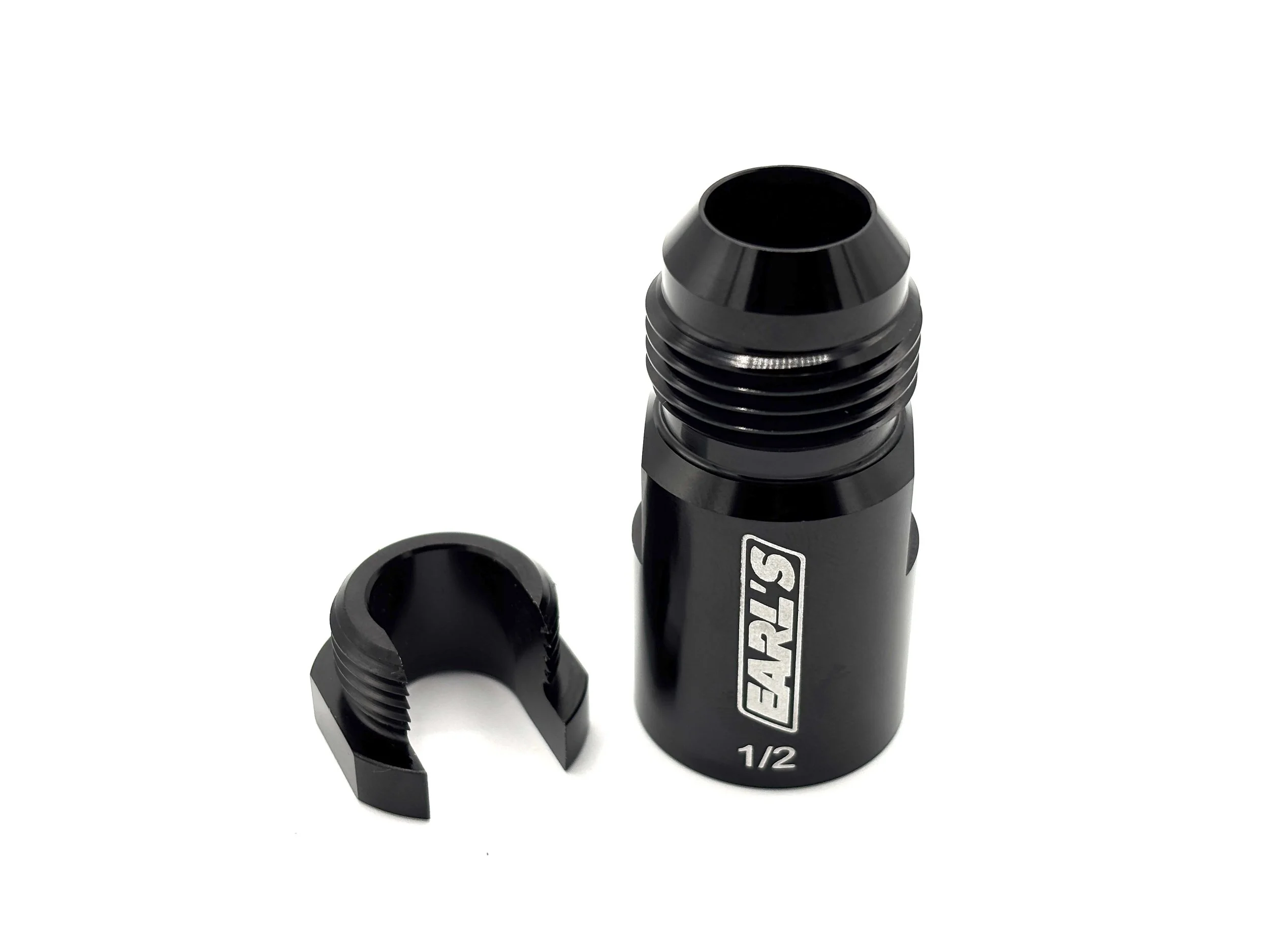 Earl's AN male to OE fuel line quick connect adapter. Black in color. Nut removed.