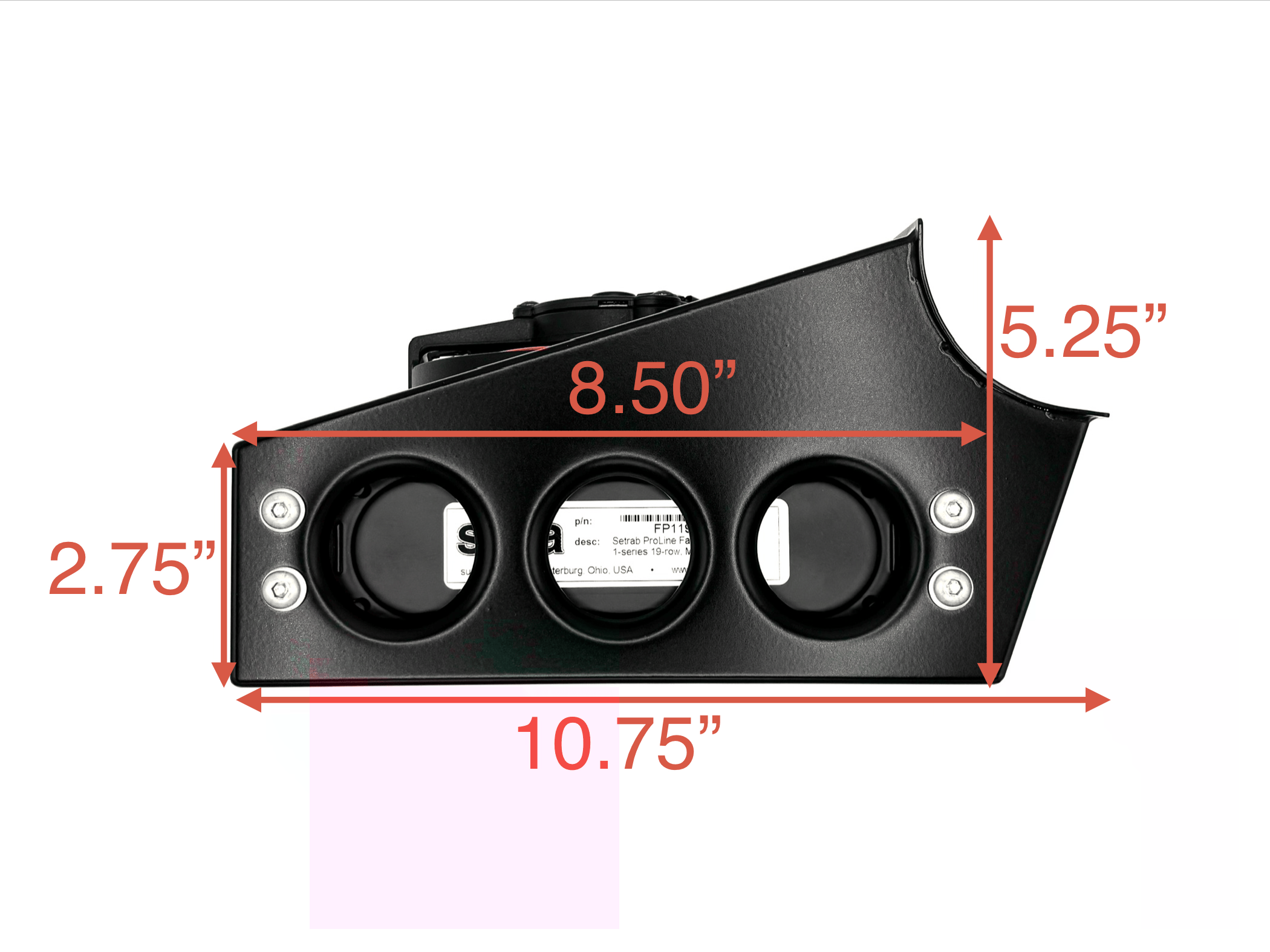 Side view of Type 2 Swing Axle Oil Cooler with the measurements next to it. 10.75 in wide. 5.25 in long