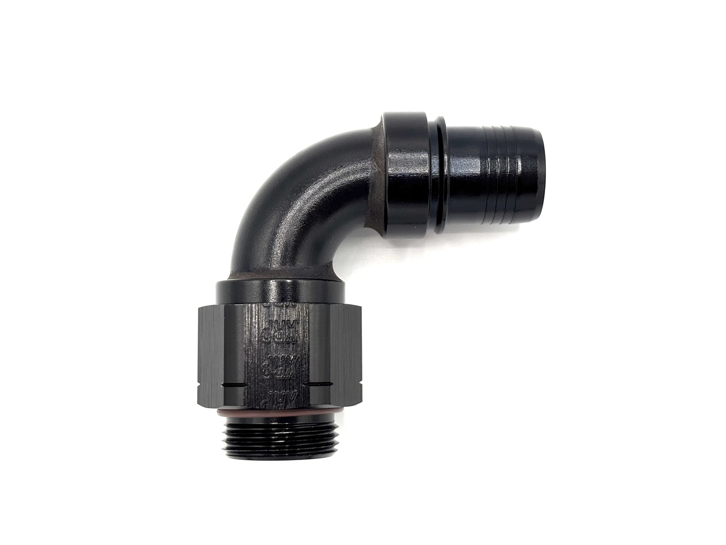 XRP 90 deg. -12AN race crimp hose end to M22 male. Black in color.