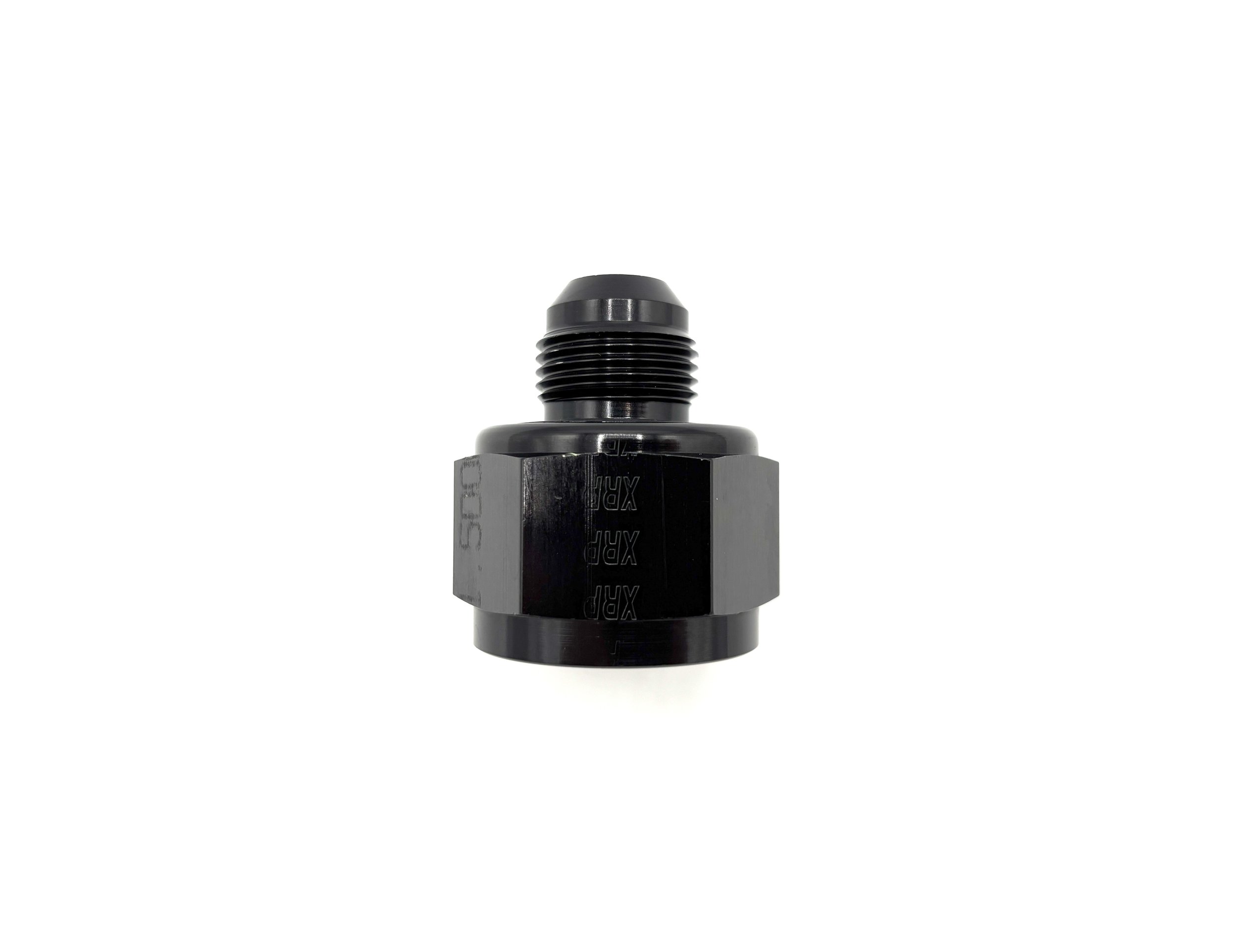 XRP straight -16AN female to AN male reducer fitting. Black in color.
