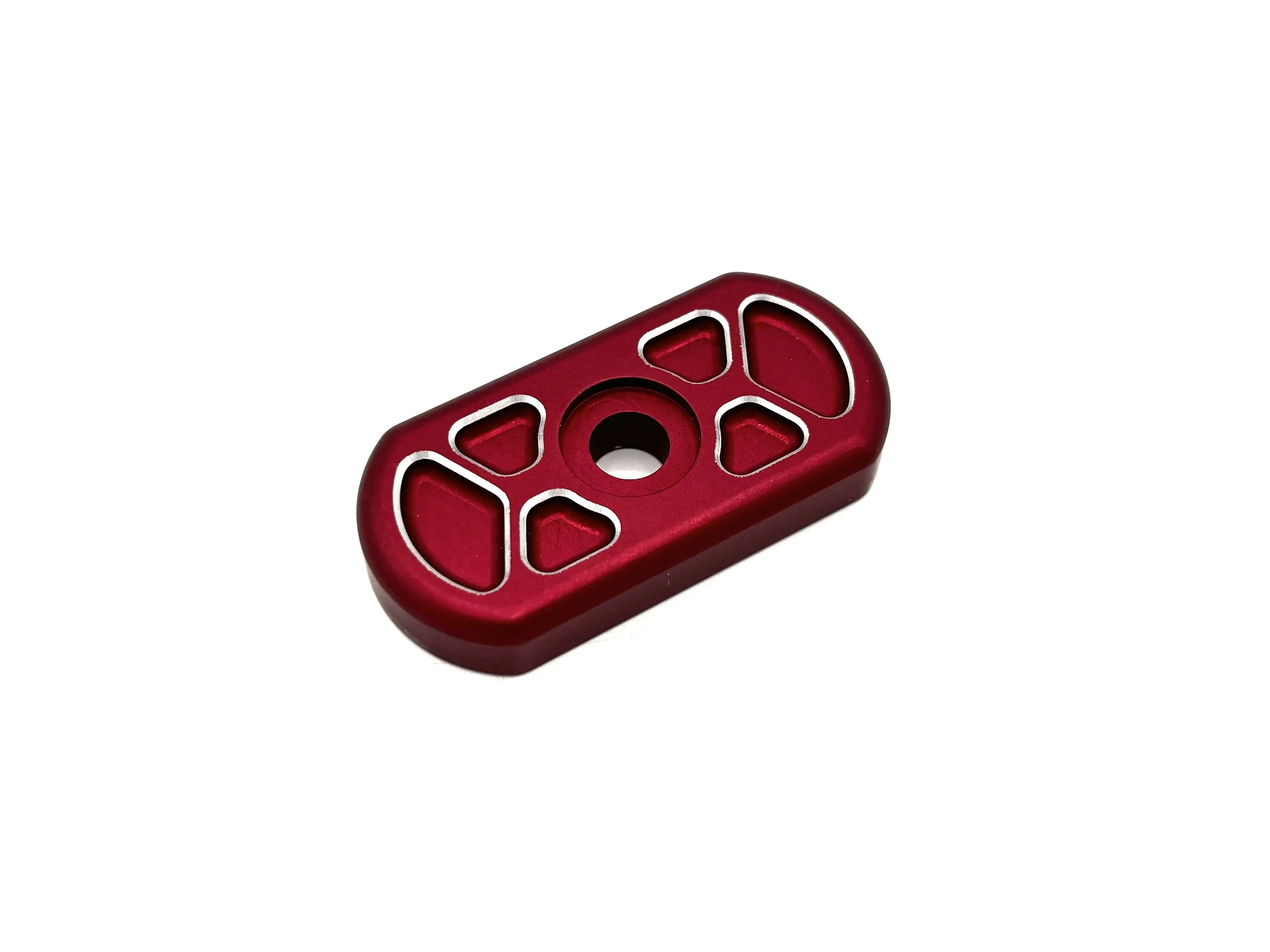 F2 VW Pan Washers. Red Exterior, has Silver color highlights on the chamfer of the bosses in the part. Square Shape with radiused ends and a counter sunk hole in the middle.