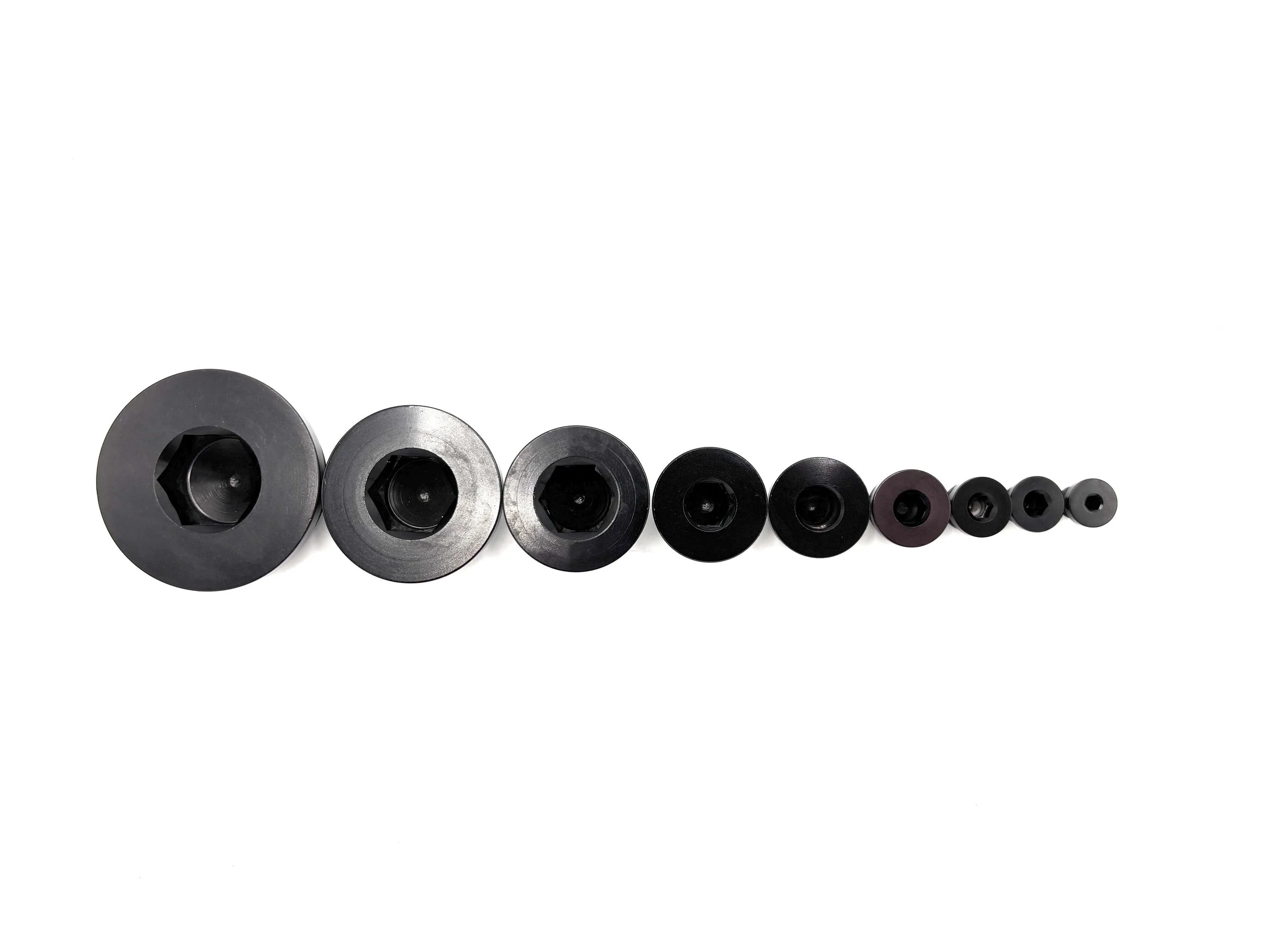 XRP o-ring boss plug with internal hex drive. Has brown viton o-ring. Black in color. Various sizes from largest to smallest, left to right.