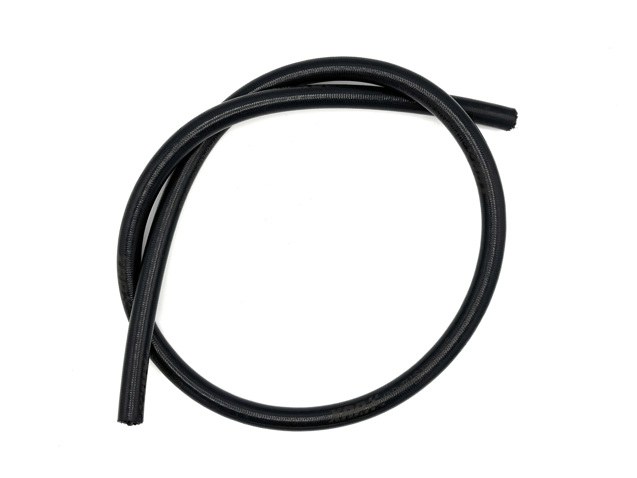 XRP ProPlus Xtreme aramid and silicone cover PTFE hose. Black in color. Hose in a coil.
