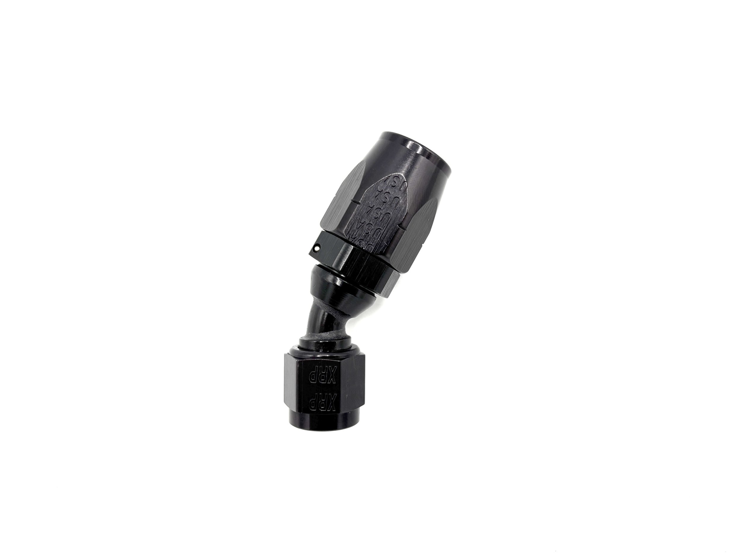 XRP 30 deg. -8AN swivel hose end to -6AN female adapter fitting. Black in color.
