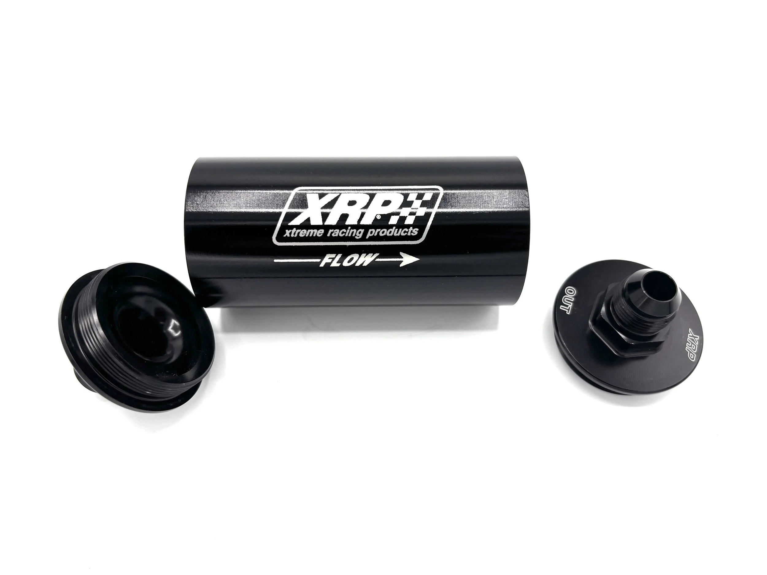 XRP 70 series in-line filter with AN male inlet and outlet. Black in color, says XRP and has flow direction. Exploded view with caps off.