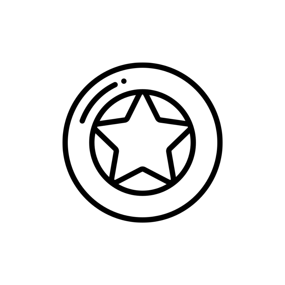 Black and white line drawing of a medal with a star in the center.