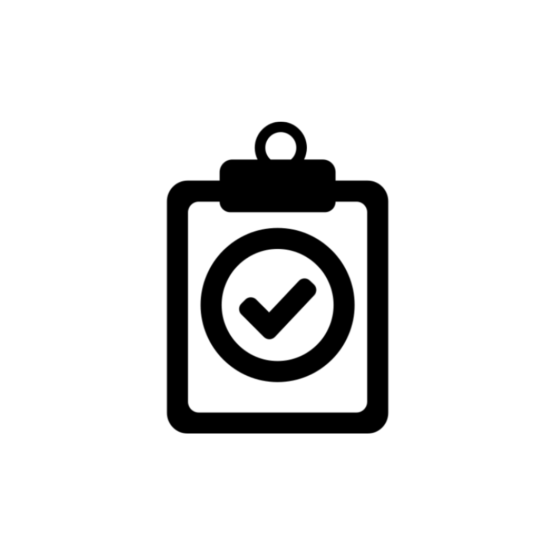 Icon of a clipboard with a checkmark inside a circle.