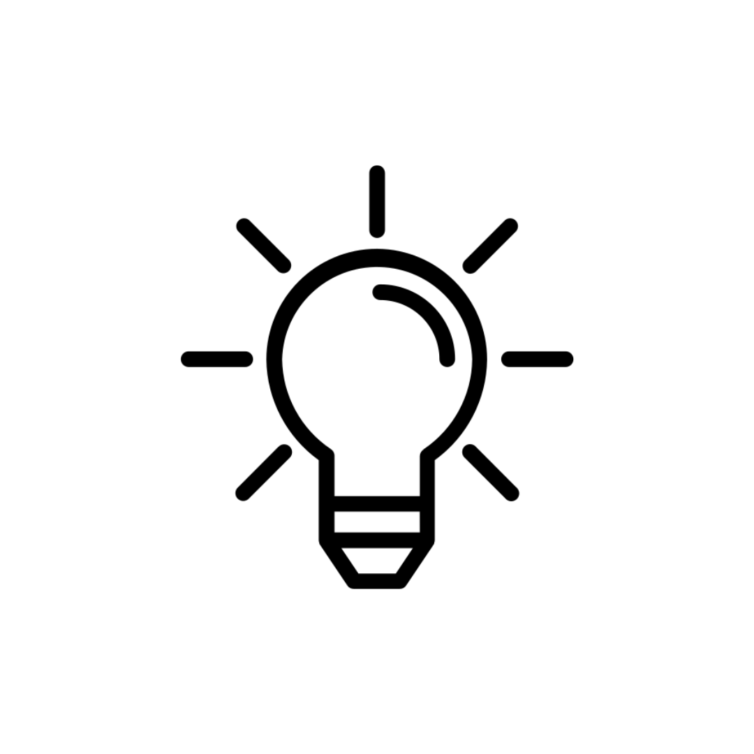 Line drawing of a light bulb with rays emanating from it, symbolizing ideas or illumination.