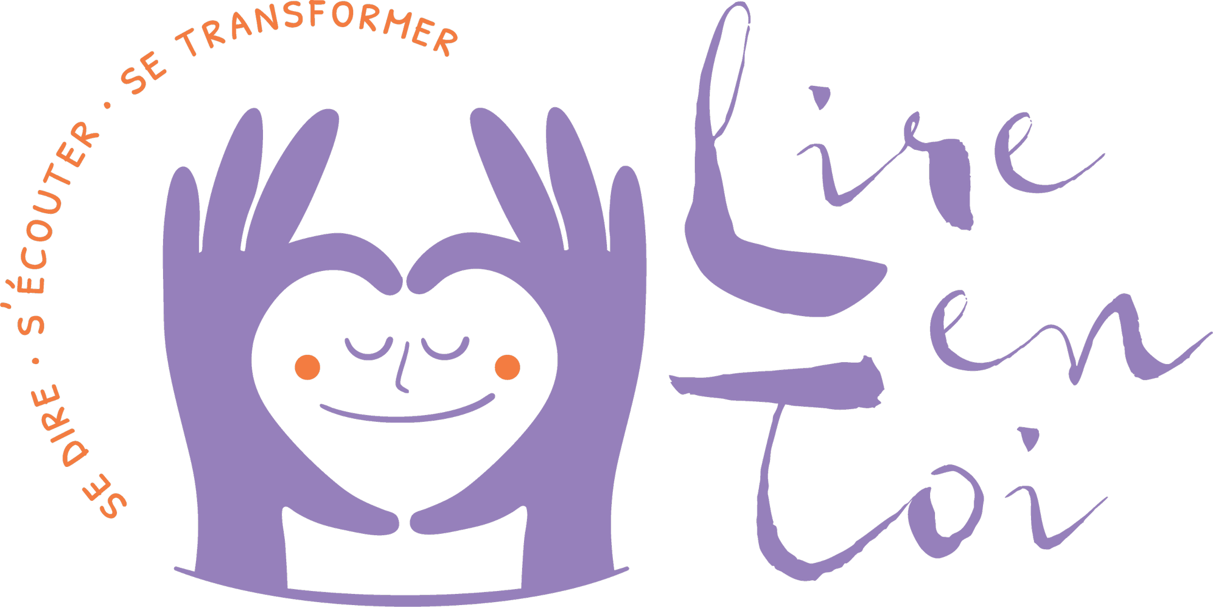 Logo Lire en toi : une illustration avec deux mains violettes formant un cœur autour d'un visage souriant avec un cœur noir et des joues orange, accompagnée du texte : "Se découvrir. Se transformer. Se éclairer"