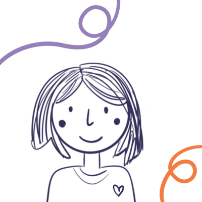 Portrait illustré de Sophie Cox  : une fille avec des cheveux courts et un sourire, décorée de lignes colorées.