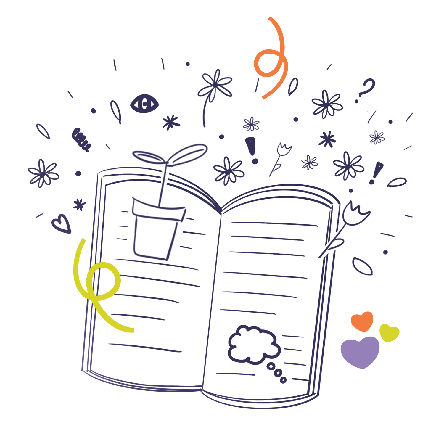 Une illustration d'u livre ouvert avec des éléments décoratifs comme des fleurs, des cœurs, des éclairs, des yeux, et des bulles de pensée, dessin en style minimaliste et coloré. Elle illustre le pouvoir des livres.