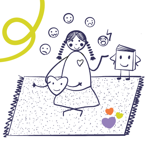 Illustration d'une séance de reconnexion émotionnelle (coeurdonnière) : une petite fille assise en position de lotus sur un tapis, entourée de différentes expressions de visages exprimant diverses émotions, avec un livre et des cœurs colorés autour.