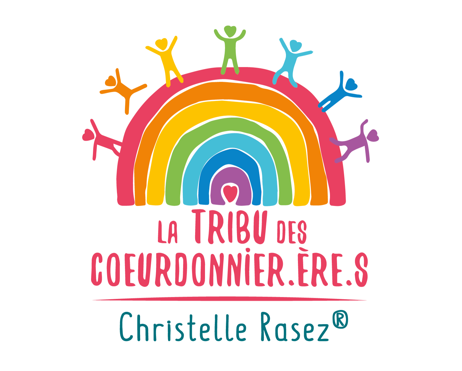 Logo coloré représentant un arc en ciel avec des silhouettes d'enfants aux couleurs variées autour, et le texte en dessous : "La Tribu des Coeurronnier.ere.s" avec le nom Christelle Rasez.