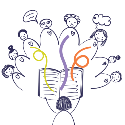 Illustration d'un atelier de bibliothérapie créative avec une personne lisant un livre ouvert, entourée de plusieurs autres personnes , avec des lignes colorées sortant du livre et pointant vers chaque personne.