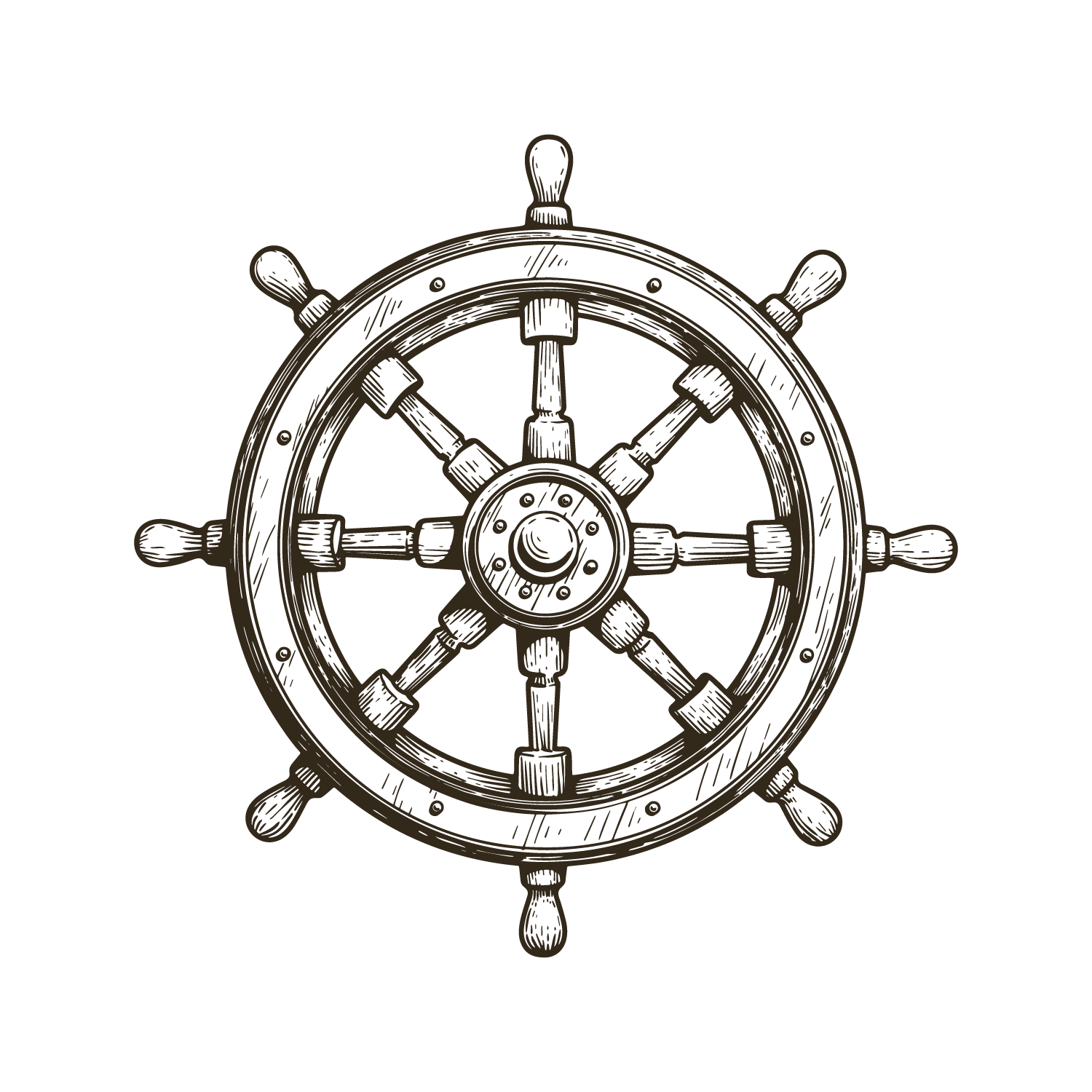 Illustration of a ship's steering wheel, vintage style, representing direction.