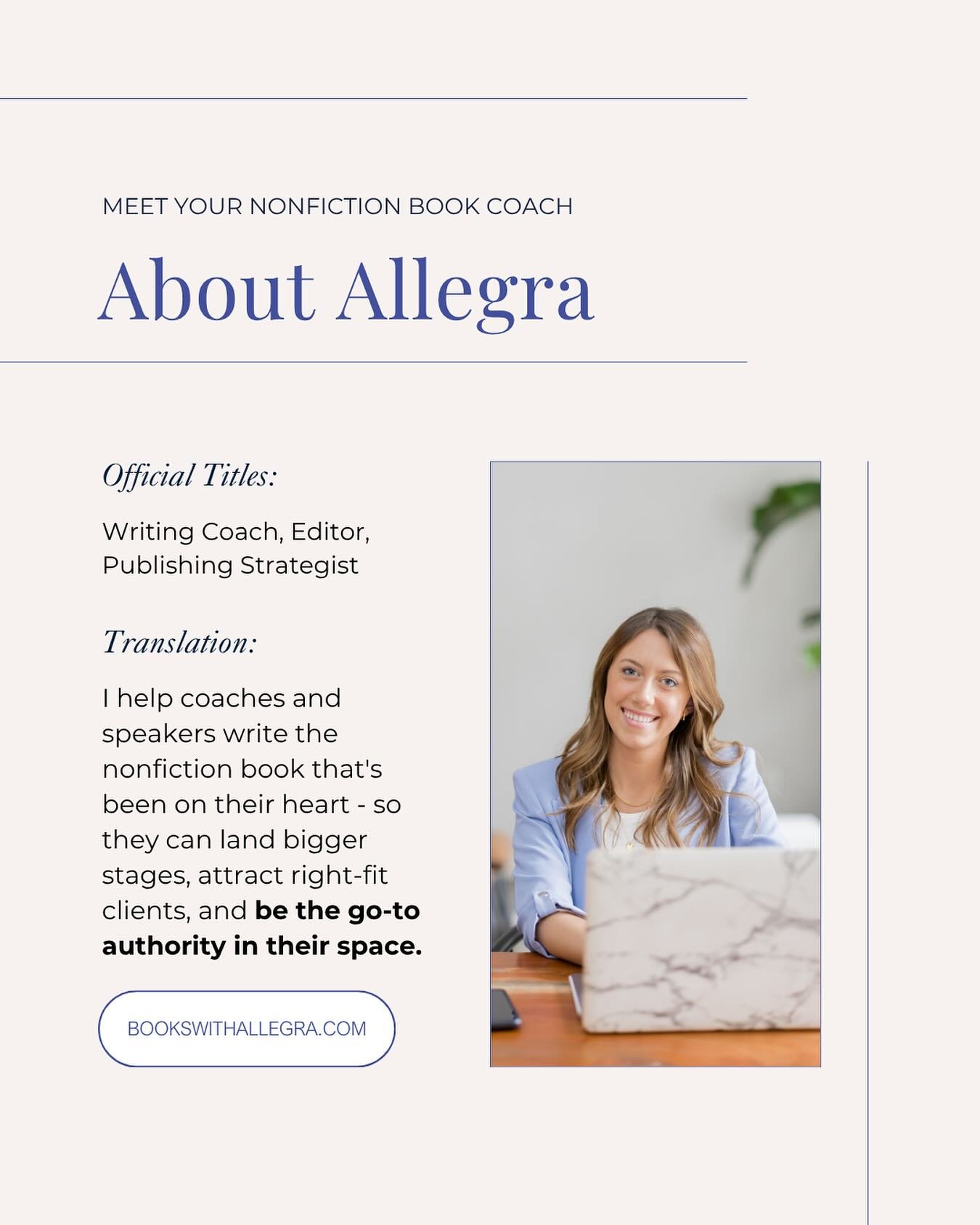 👋 Hi! I&rsquo;m Allegra &ndash; a nonfiction book coach for speakers and coaches like you.

When I was ghostwriting business books, I experienced first-hand how hard it is to go through the massive process of writing a book alone.

Even as an experi