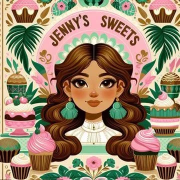 Illustration of a young girl with long brown hair and earrings, surrounded by cupcakes and flowers, with the text 'Jenny's Sweets' above her.