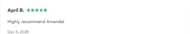 Customer review dated December 5, 2025, with five-star rating praising Amanda, titled 'Highly recommend Amanda!'