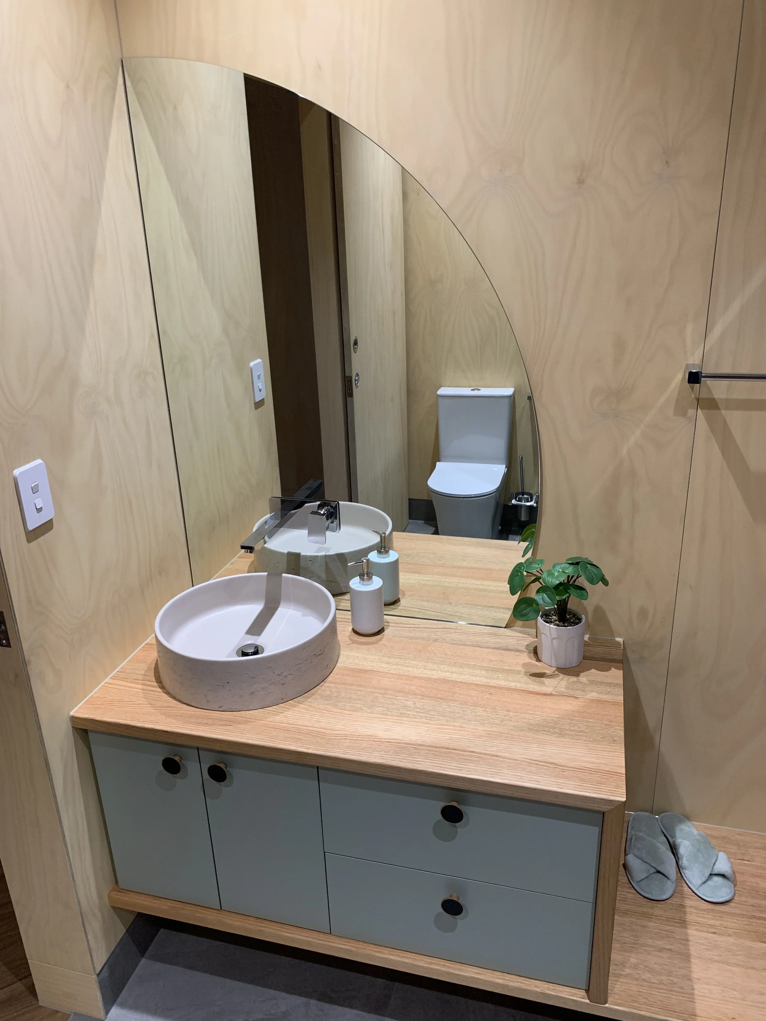 A modern bathroom vanity with a round bowl sink, soap dispensers, a small potted plant, and a large mirror. The reflection shows a toilet and a wooden door in the background.