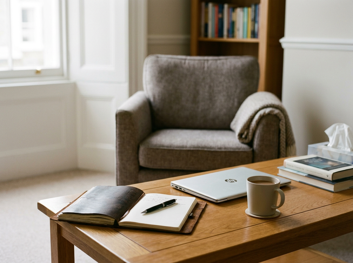 A cozy workspace with a wooden desk, an open notebook with a pen, a closed HP laptop, a white coffee mug, a stack of books, a tissue box, and a gray armchair in the background near a window and bookshelf.