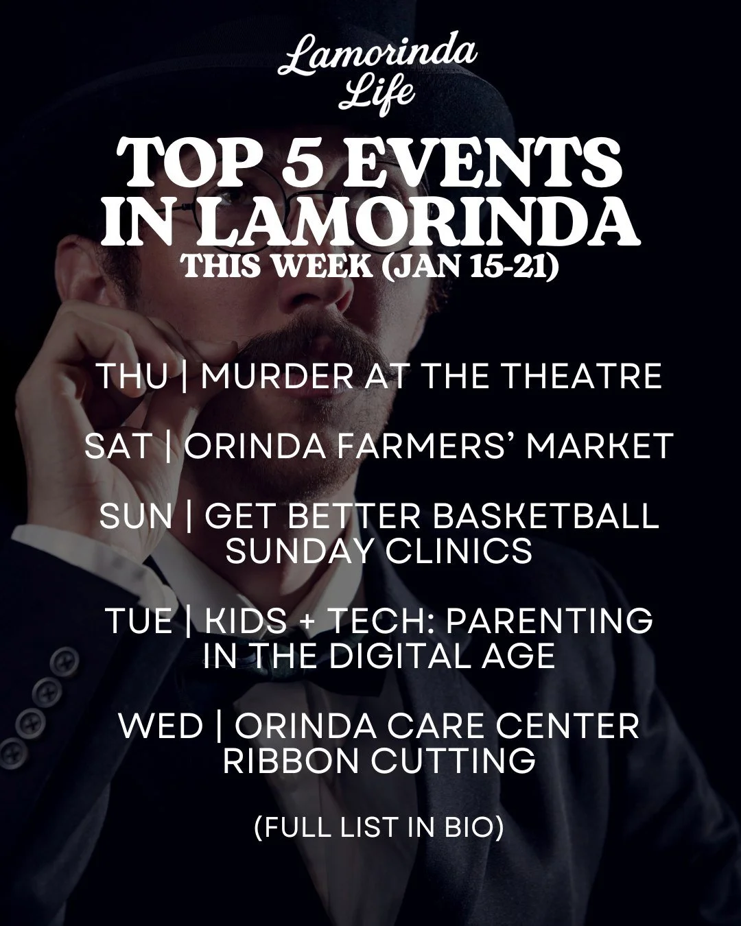 Here are five great ways to spend time around Lamorinda this week, from a mystery night at the theater to local markets, youth sports clinics, an important parenting conversation, and a ribbon cutting for a new Orinda business.

Which one are you che