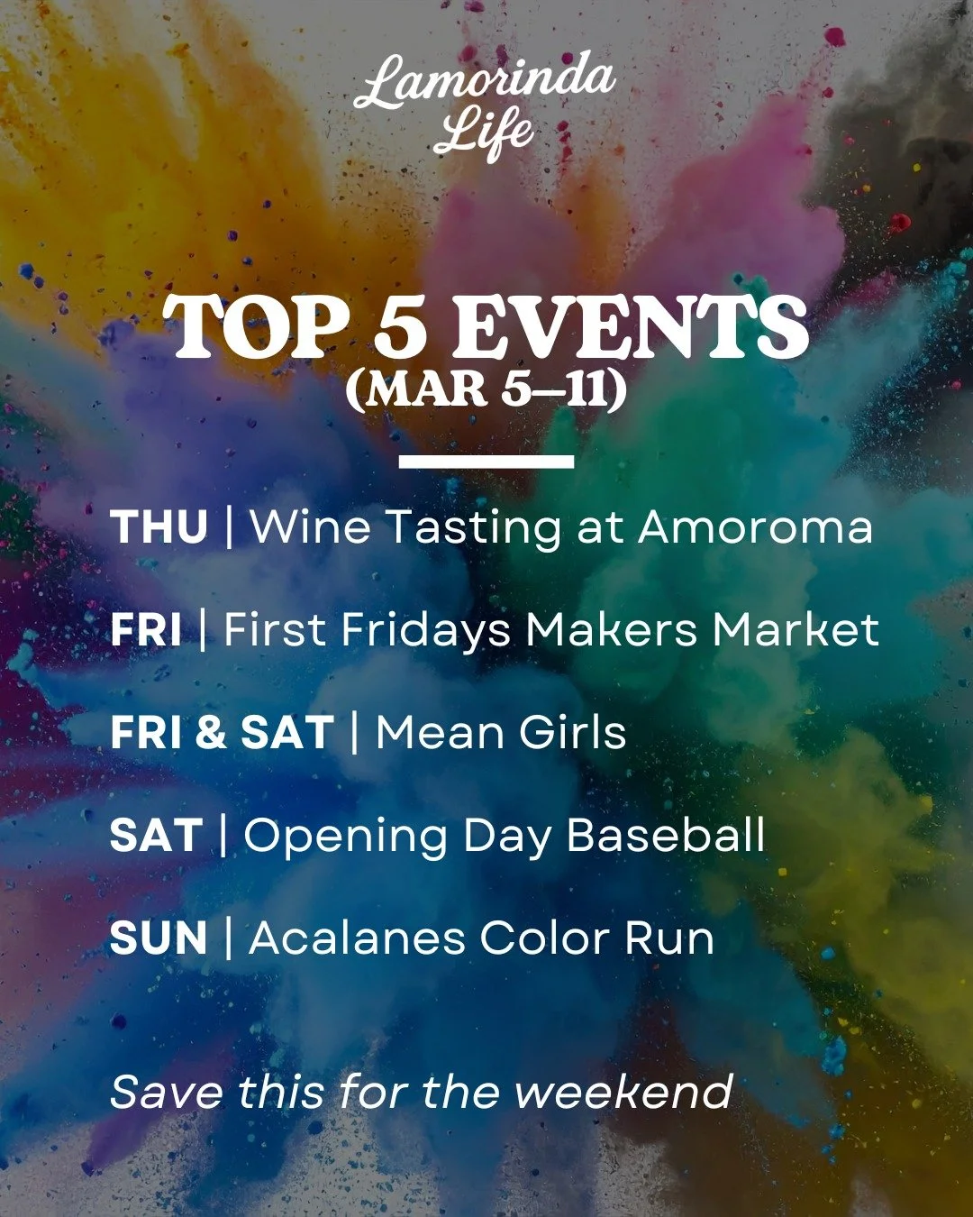Looking for something to do around Lamorinda this week?

THU | Wine Tasting at Amoroma
FRI | First Fridays Makers Market at Orinda Theatre Square
FRI &amp; SAT | Mean Girls at Miramonte High School
SAT | Lafayette Little League &amp; Orinda Baseball 